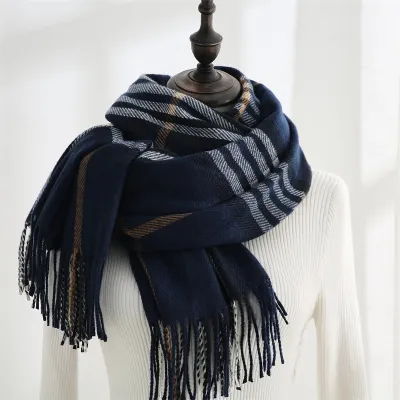 Women Autumn Winter Warm Mid-Length Plaid Imitation Cashmere Shawl Scarf 70x180cm