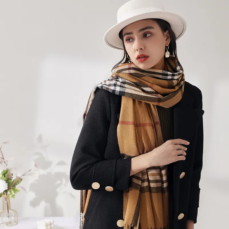 Women Autumn Winter Warm Mid-Length Plaid Imitation Cashmere Shawl Scarf 70x180cm