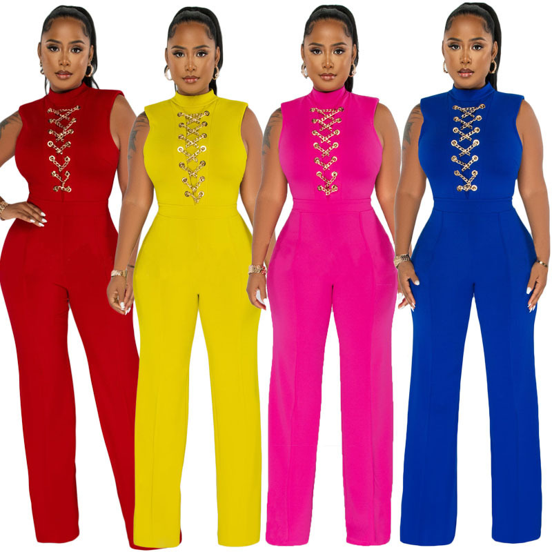 Wholesale Women Solid Color High Waist Casual Wide Leg Jumpsuit