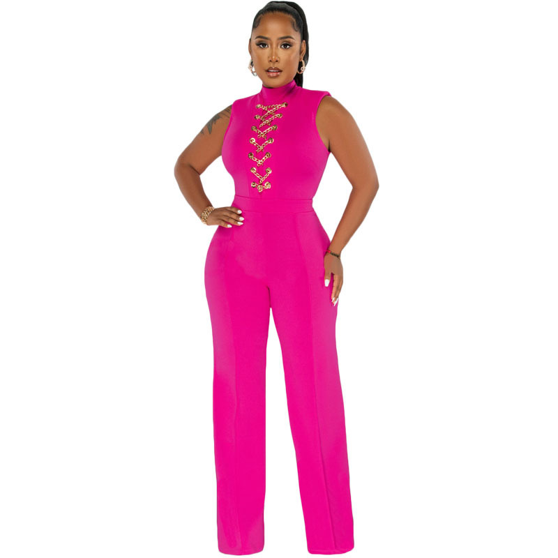 Wholesale Women Solid Color High Waist Casual Wide Leg Jumpsuit