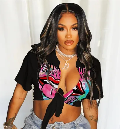 Women Edgy Letter Graffiti Graphic Print Short Sleeve Sexy Knot Crop Top