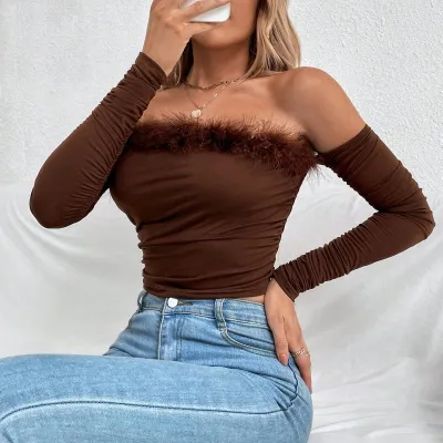 Women Elegant Edgy Sexy Summer Retro Long-sleeved Backless Solid Color Crop Tube Top