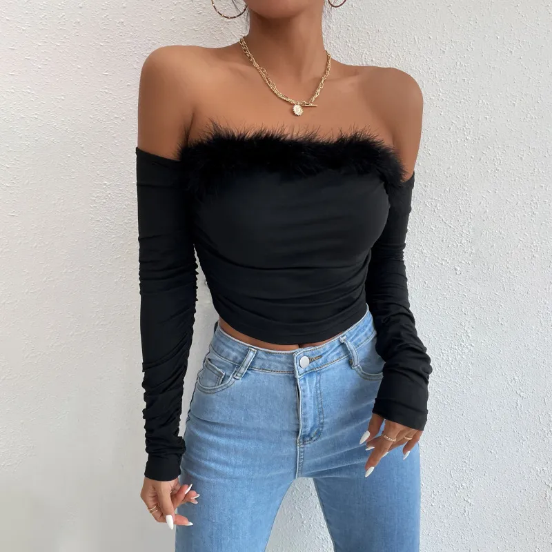 Women Elegant Edgy Sexy Summer Retro Long-sleeved Backless Solid Color Crop Tube Top