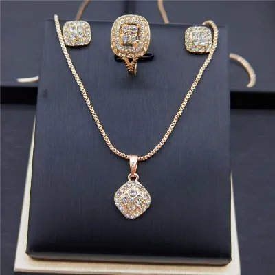 Women Fashion Retro Alloy Diamond Engagement Ring Stud Necklace 3 Piece Set