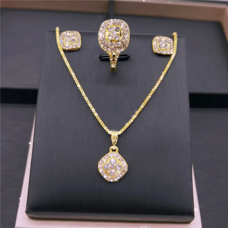 Women Fashion Retro Alloy Diamond Engagement Ring Stud Necklace 3 Piece Set