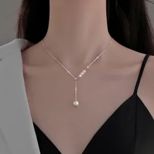 Women Fashion Simple S925 Sterling Silver Pearl Long Necklace