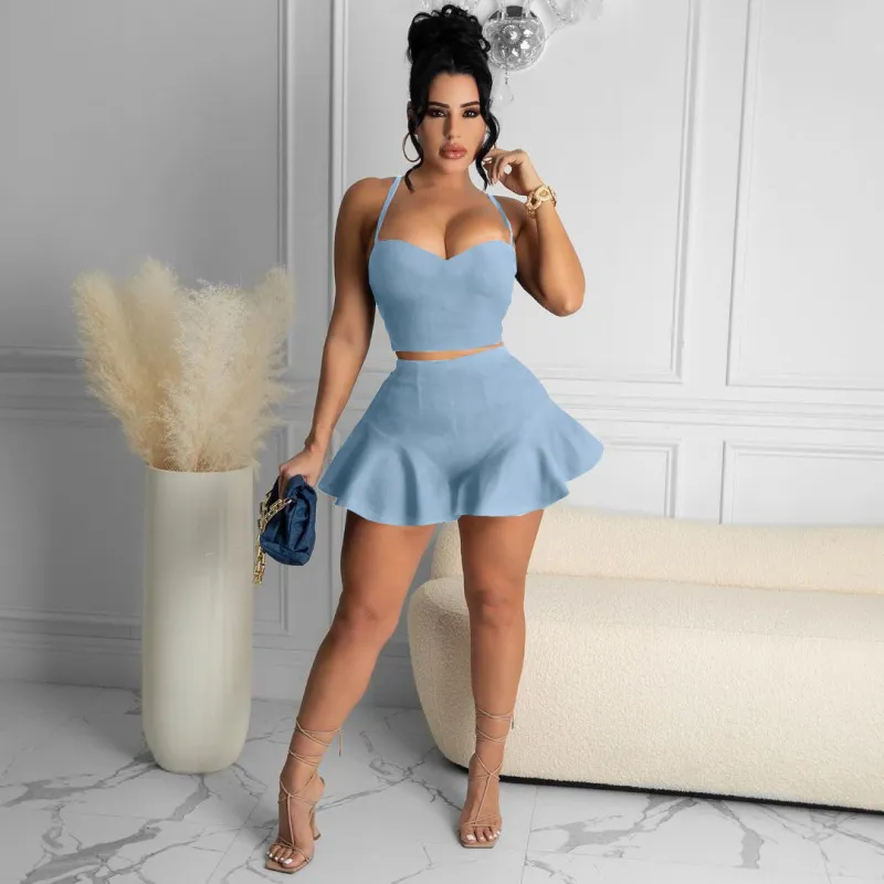 Women Casual Solid Color Slim Fit Tanks Top And Ruffle Shorts Two-Piece Set
