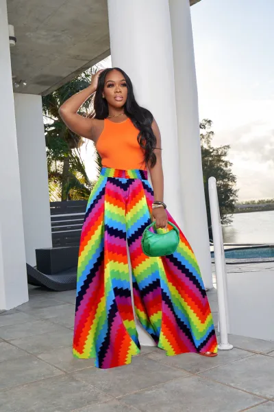 Women Printed Wide Leg High Waist Trousers Pants Polyester Spandex Blend