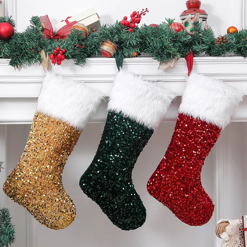 Christmas Day Sequin Plush Christmas Socks Gift Storage Bag Velvet