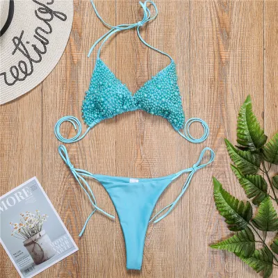 Pearl Halter Strap Two Pieces Set Bikini Swimsuit