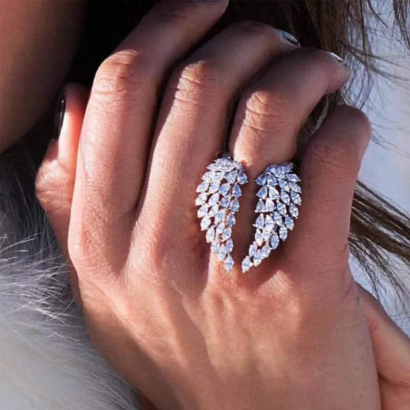 Women Fashion Full Diamond Zircon Angel Wing Adjustable Open Ring Copper Geometric Style