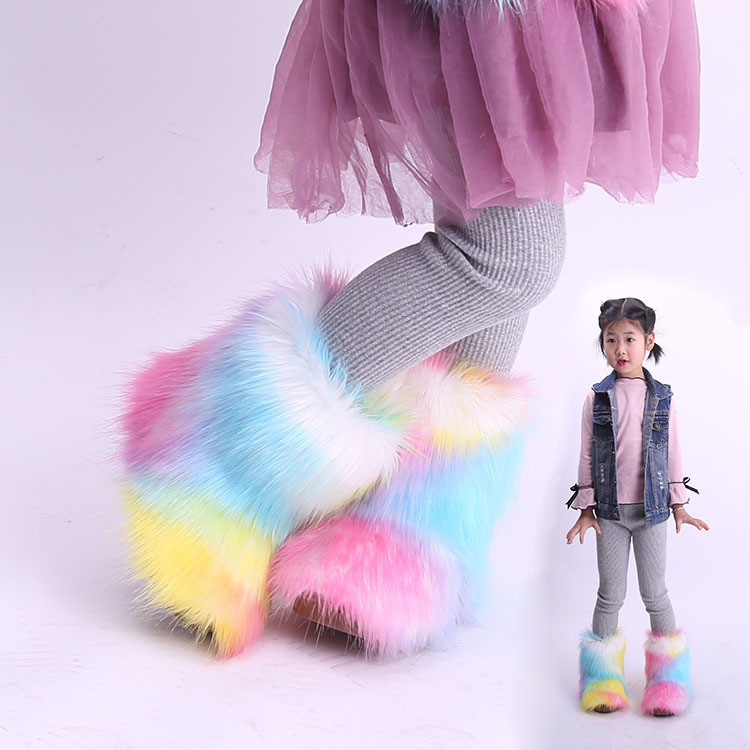 Wholesale Kids Girls Faux Fur Rainbow Color Gradient Plush Snow Boots