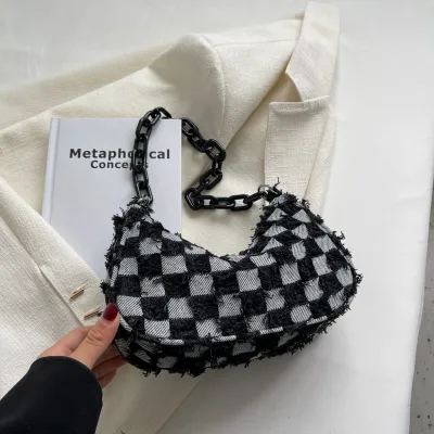 Women Fashion Plaid Patchwork Color Blocking Denim Underarm Shoulder Bag