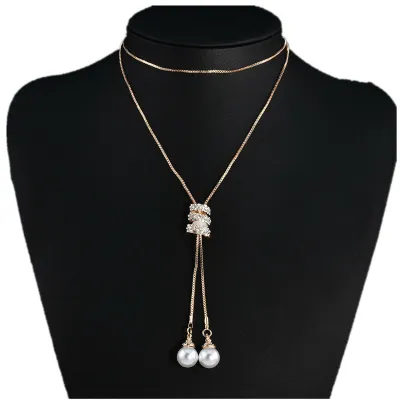 Women Fashion Alloy Diamond Pearl Spiral Pendant Long Necklace