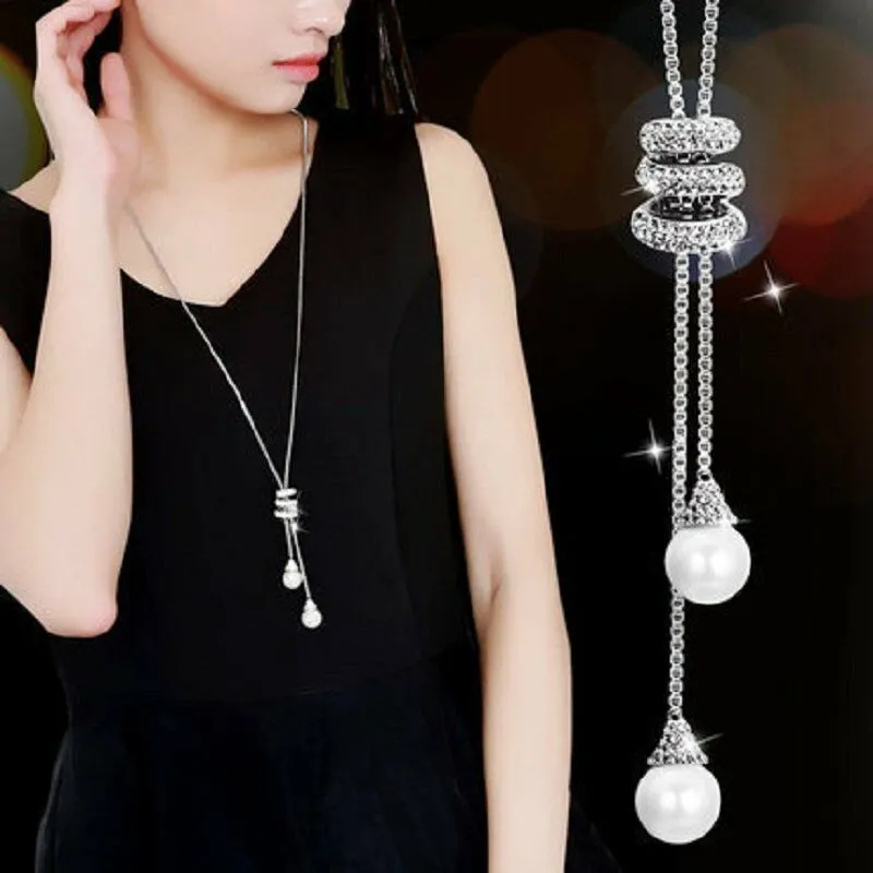Women Fashion Alloy Diamond Pearl Spiral Pendant Long Necklace