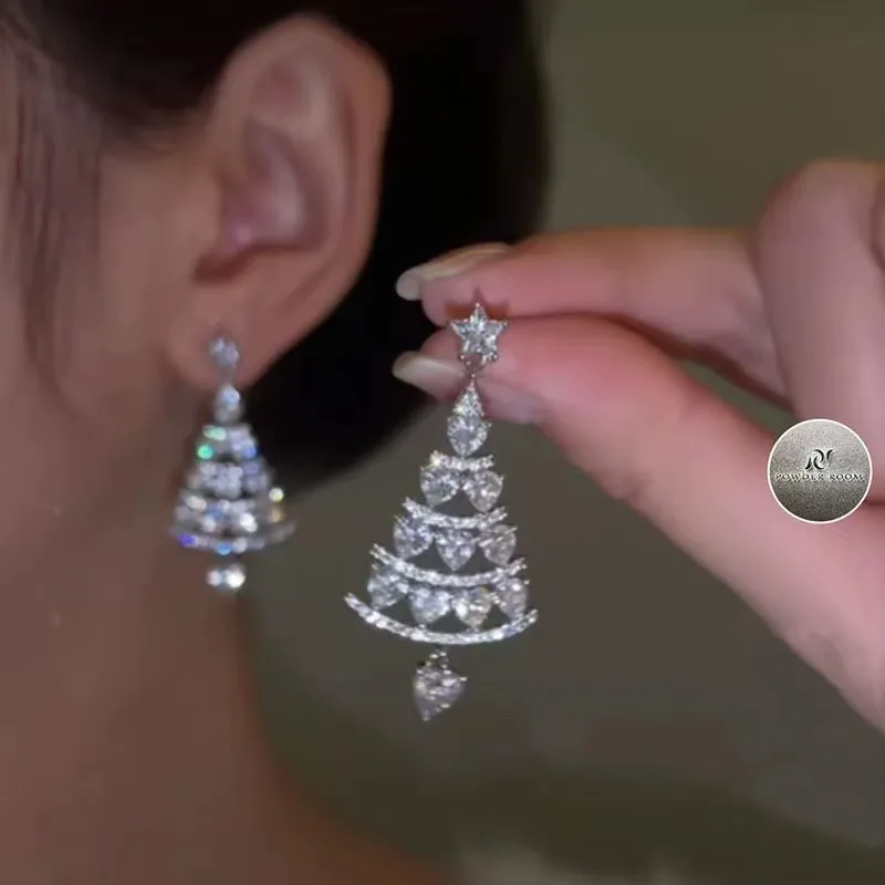Christmas Tree Shaped Women 925 Silver Needle Rhinestone Dangle Earrings Party