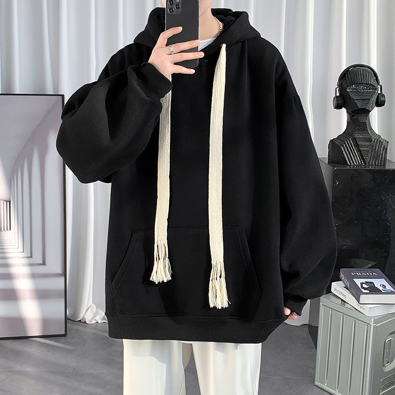 Wholesale Men Casual Hooded Solid Color Woven Drawstring