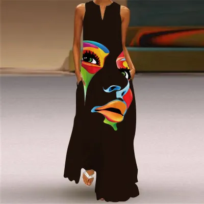 Summer Women Casual Bohemian Sleeveless Maxi V-Neck Vintage Character Print Dress