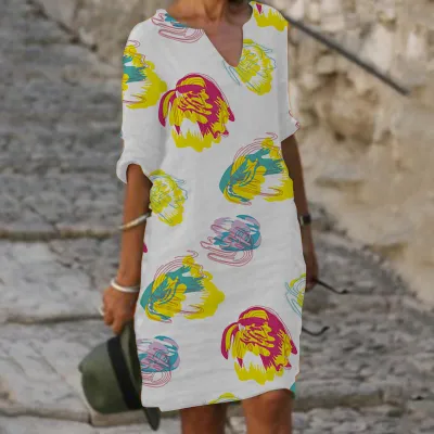 Women Casual Elegant Fashion Flower Printed Short Sleeve V Neck Loose A-Line Dress