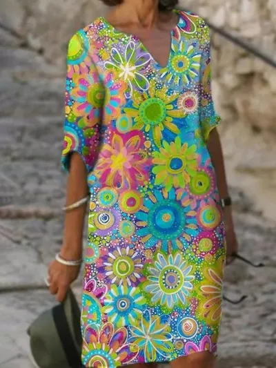Women Casual Elegant Fashion Flower Printed Short Sleeve V Neck Loose A-Line Dress