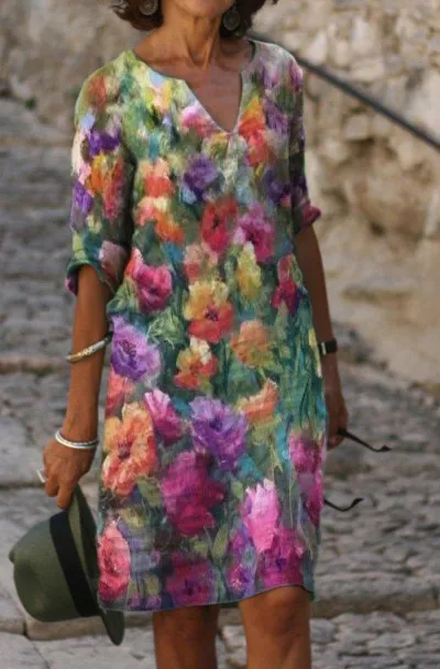 Women Casual Elegant Fashion Flower Printed Short Sleeve V Neck Loose A-Line Dress