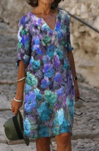 Women Casual Elegant Fashion Flower Printed Short Sleeve V Neck Loose A-Line Dress