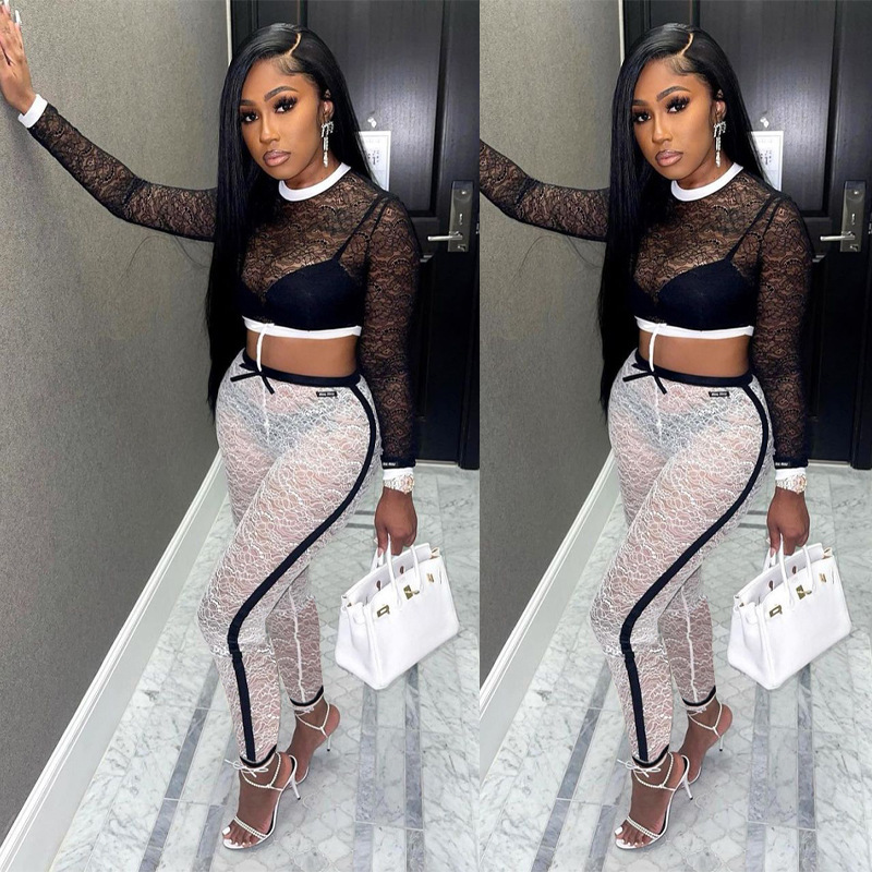 Wholesale Women Edgy Sexy Lace Patchwork Long Sleeves Mesh