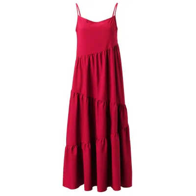 Women Casual Sleeveless Summer Loose Ruffled Solid Color A-Line Dress