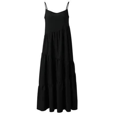 Women Casual Sleeveless Summer Loose Ruffled Solid Color A-Line Dress