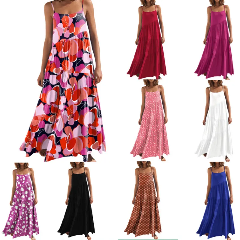 Women Casual Sleeveless Summer Loose Ruffled Solid Color A-Line Dress