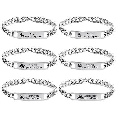 Unisex Simple Fashion 12 Zodiac Letter Stainless Steel Bracelet