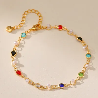Women Fashion Multicolor Glass Diamond Copper Pearl Bracelet