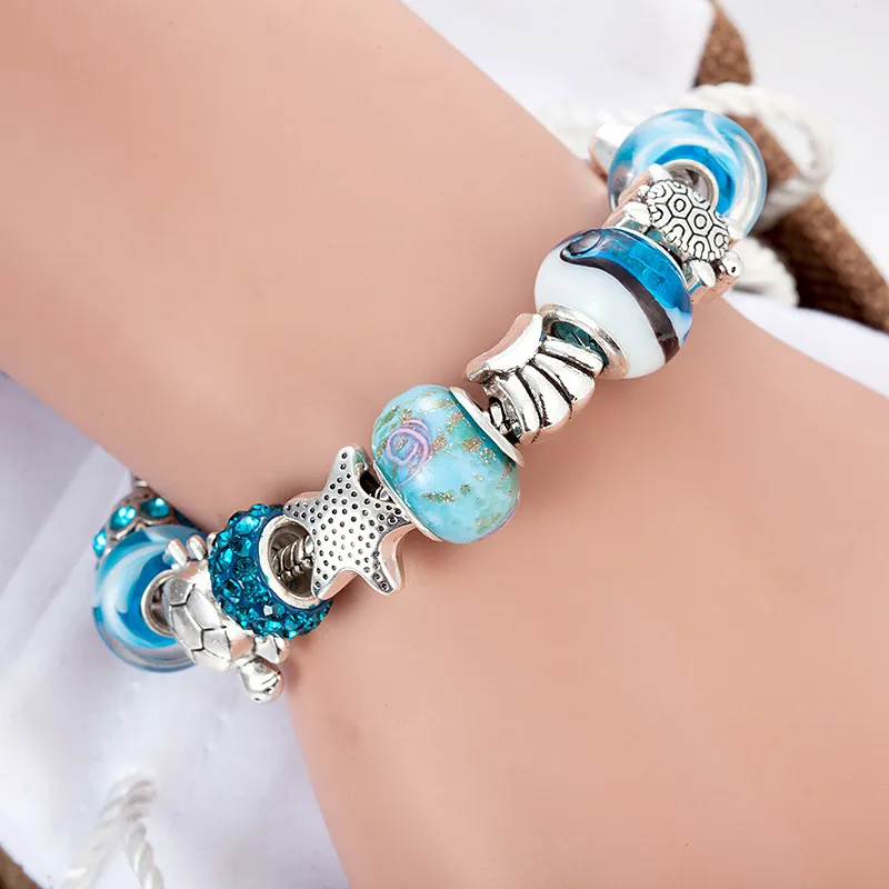 Women Fashion Blue Glass Pearl Starfish Sea Turtle Beaded Adjustable Bracelet