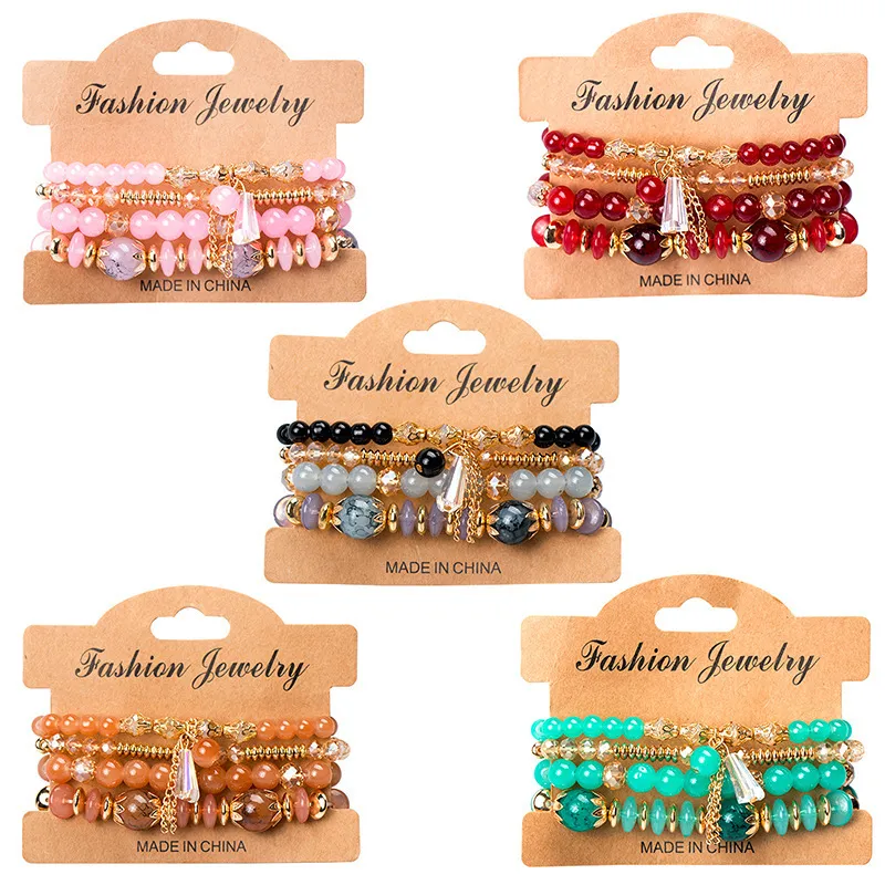 Women Fashion Bohemian Multilayer Glass Crystal Bracelet Set