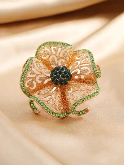 Women Fashion Exaggerated Hollow Alloy Rhinestone Floral Open Ring