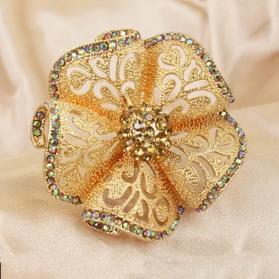 Women Fashion Exaggerated Hollow Alloy Rhinestone Floral Open Ring
