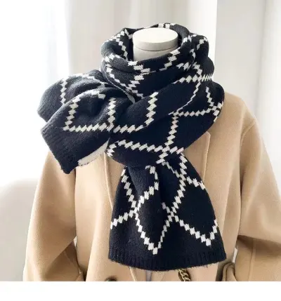 Unisex Winter Long Thickened Double-Sided Diamond Jacquard Wool Knitted Scarf