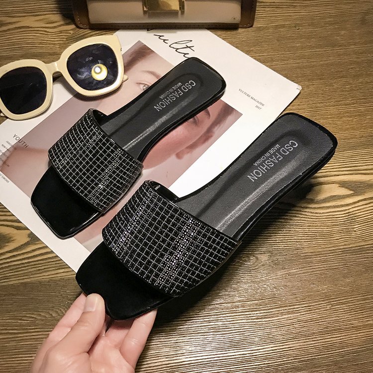 Wholesale Women Fashion Rhinestone Decorative Square Toe Flat Slippers