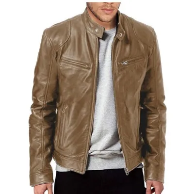 Men Casual Pu Leather Stand Collar Zipper Biker Slim Jacket