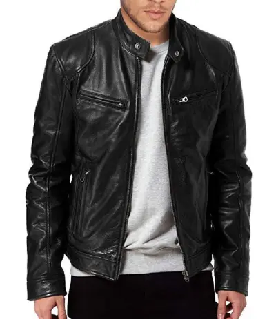 Men Casual Pu Leather Stand Collar Zipper Biker Slim Jacket