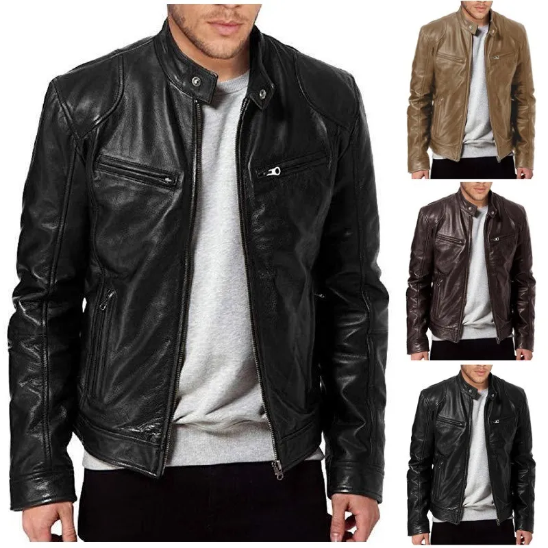Men Casual Pu Leather Stand Collar Zipper Biker Slim Jacket