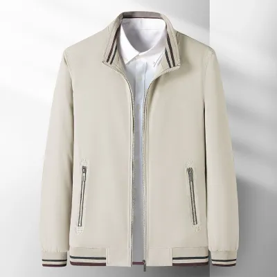 Men Casual Striped Zipper Pocket Design Stand Collar Slim Fit Jacket