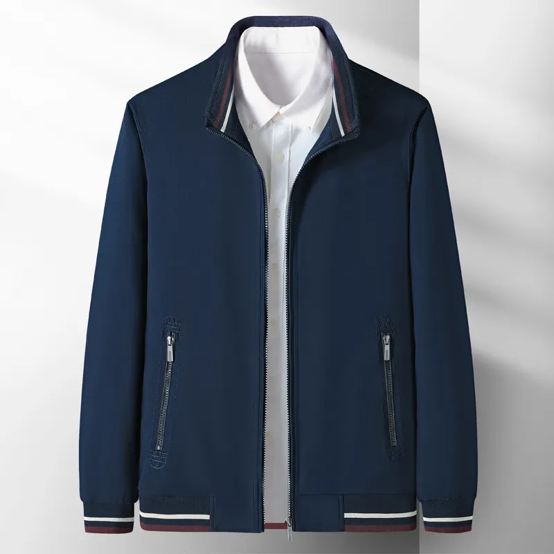 Men Casual Striped Zipper Pocket Design Stand Collar Slim Fit Jacket