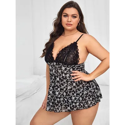 Women Plus Size Leopard Lace Patchwork Sleeveless Pajamas Dress
