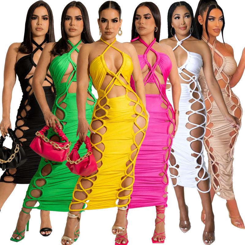 Wholesale Women Sexy Edgy Halter Neck Drawstring Cut Out