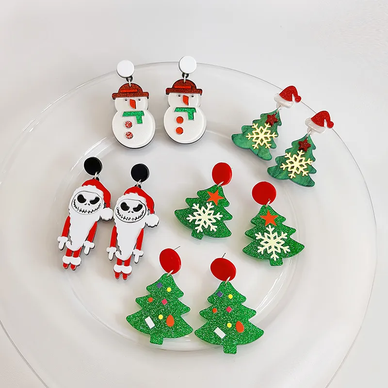 Women Funny Christmas Santa Claus Tree Snowman Acrylic Colorblock Stud Earrings