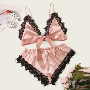 Women Edgy Casual Sleeveless Color Blocking Lace Patchwork Camisole And Shorts Pajamas Set
