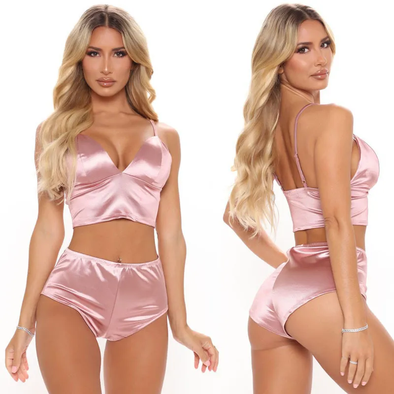 Women Edgy Casual Sleeveless Solid Color Satin Camisole And Shorts Pajamas Set