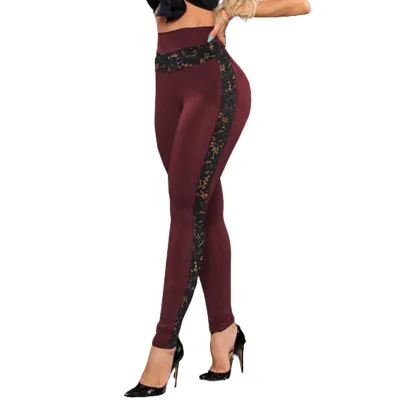 Women Solid Color Lace Stitching Hip Lift Sports Pants