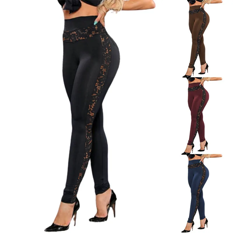 Women Solid Color Lace Stitching Hip Lift Sports Pants